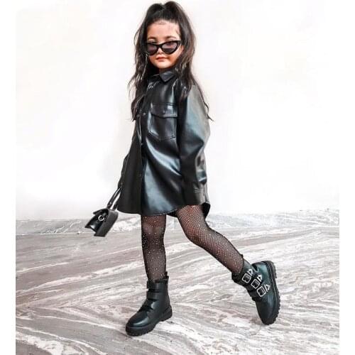 Blotona Lovely Girls Autumn Winter Dress Coat, Long Sleeve Lapel Collar Buttoned Thigh Long Leather Outerwear with Pocket 2-7Y