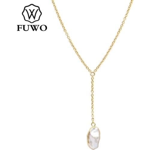 FUWO Natural Freshwater Pearls Necklace With Gold Dipped High Quality Y-shaped Simple Temperament Short Clavicle Chain NC501