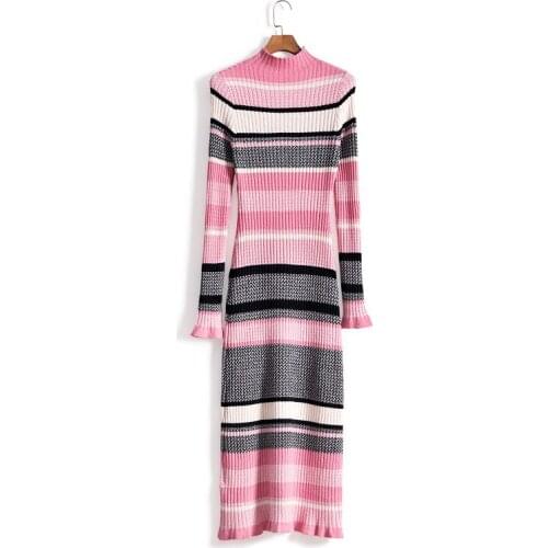 2020 Sale Vestido Longo Vestido De Festa Cashmere Knit 2019 Autumn And New Rainbow Striped Half-high Collar Slim Bag Hip Woman