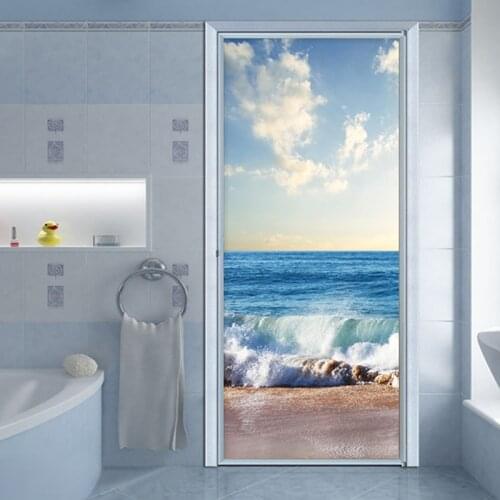 3D Beach Seaside Landscape Door Sticker Living Room Bathroom Self-Adhesive Waterproof Wall Sticker Door Poster Home Decor Decals