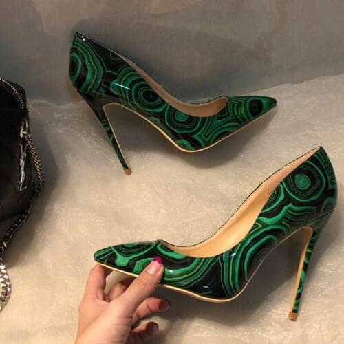 Free shipping fashion women Designer Brand New multi color printed patent point toe high heels pumps shoes Stiletto 33-43cm 12cm