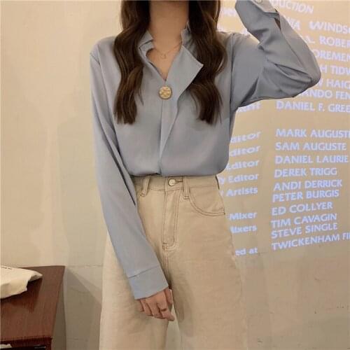 Blouses Women Long Sleeve Elegant Single Button Office Lady Drape Loose Casual Tops Solid All-match Leisure Streetwear Female