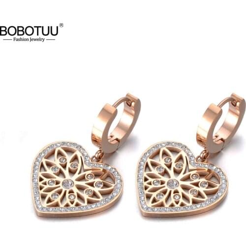 BOBOTUU Original Design Stainless Steel Love Heart Flower Earrings Jewelry Trendy CZ Crystal Hoop Earrings For Women BE19268