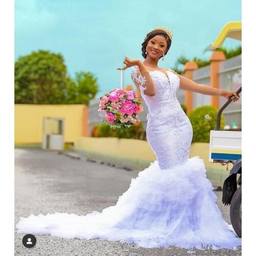 Elegant Long Sleeve Mermaid Wedding Dresses Jewel Neck Lace Applique ruffles Tiered Skirts African Nigerian Garden Bridal