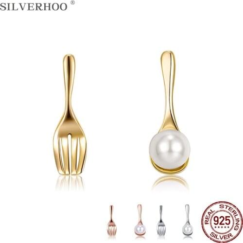 SILVERHOO 925 Sterling Silver Fork & Spoon Asymmetry Shell Pearl Earrings For Women Gold Color Tiny Stud Earring Fine Jewelry