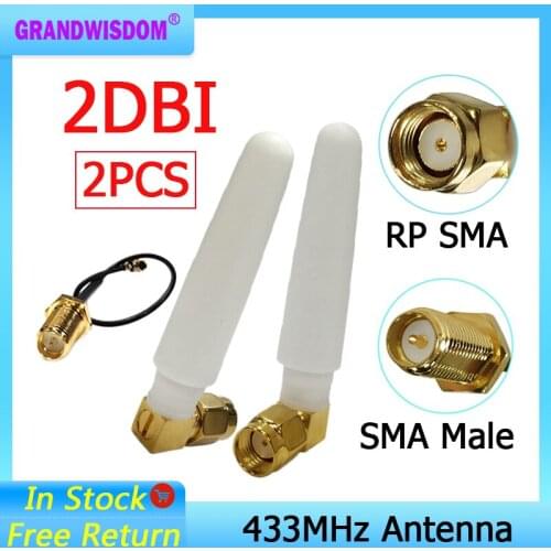 2pcs 433Mhz Antenna 2dbi GSM 433 mhz RP-SMA Connector Rubber Lorawan antenna+ IPX to SMA Male Extension Cord Pigtail Cable