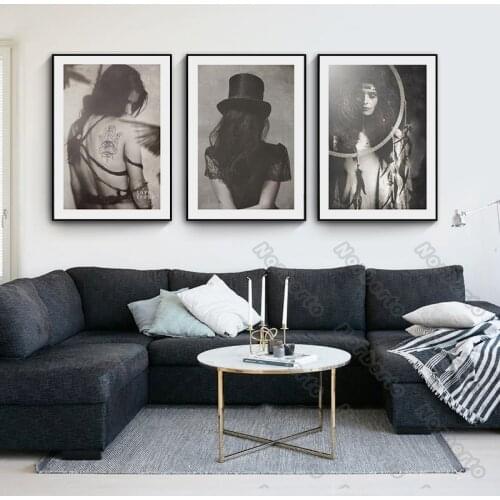 Retro and Nostalgic Style Canvas Painting Poster Black White Photoes Special Clothes Charming Women for Home Rooms Wall Decorati