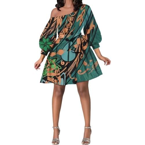 Hycool Low Price Fashion Lake Blue Polynesian Design Sexy Oblique Shoulder Women Casual Puffy Sleeve Birthday/Party Short Dress