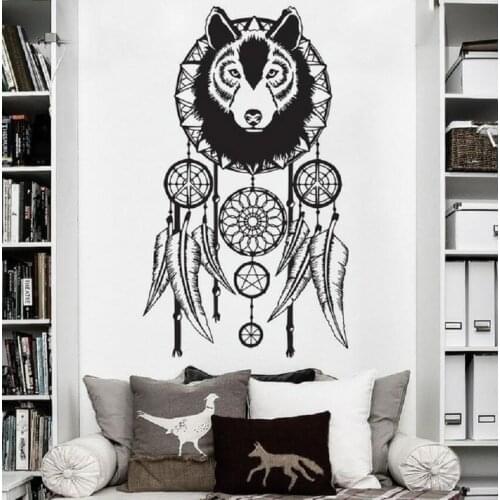 Art Cool Wolf Dreamcatcher Wall Sticker Ary Vinyl Home Decoration Wall Decals Wolf Head Art WallPaper For Home Decor Y-777