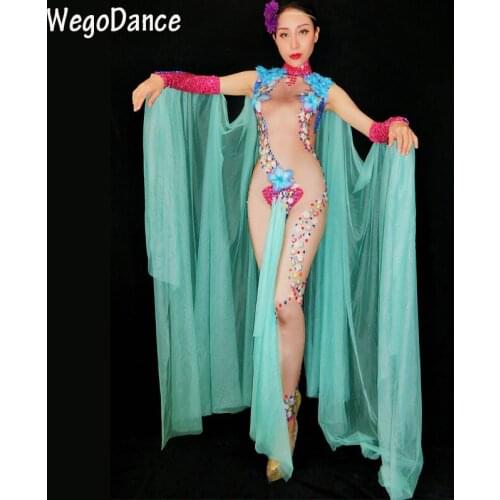 Hot Sale Big Flowers Rhinestones Stretch Nude Jumpsuit Women Sexy Costume Female Singer Dance Stage Wear Green Mesh Clothing