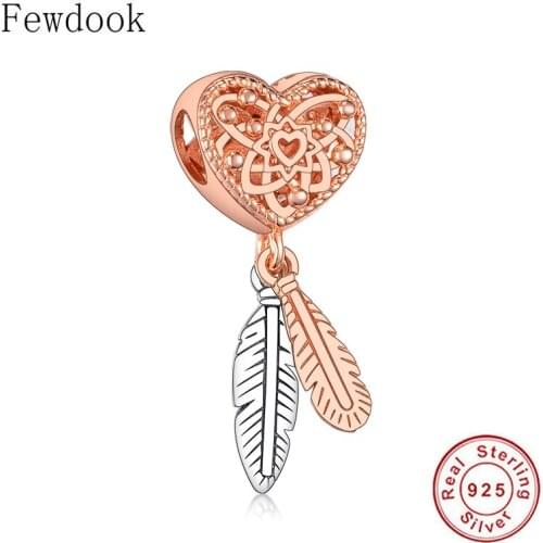 2019 925 Sterling Silver Rose Gold Dreamcatcher Double Feather Heart Bead Pendant Fit Original Charm Bracelet Making Berloque
