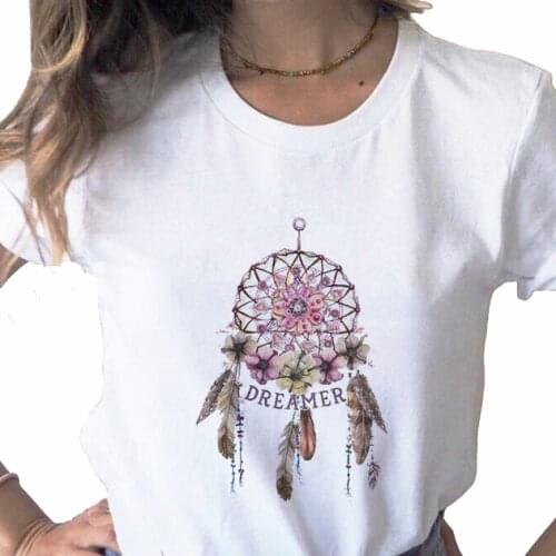 Summer 2021 Dream Feather print ladies T-shirt ladies casual basis O-collar white shirt short sleeve ladies T-shirt,Drop Ship