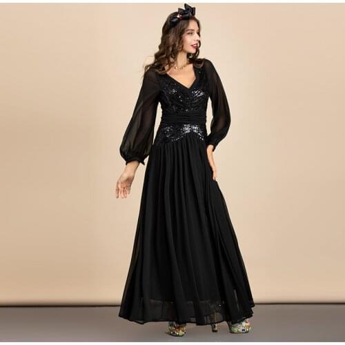 Fashion Maxi Green Runway Long Sleeve V-Neck Luxury Sequined Black Christmas Party Elegant Sexy Dress