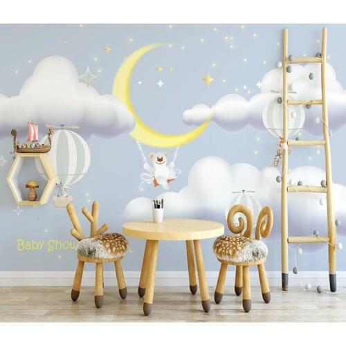 Bacal Custom Children Room Wall 3d Wallpaper Cartoon white cloud Sailing Animals blue Background Wall 3d wallpaper tapety