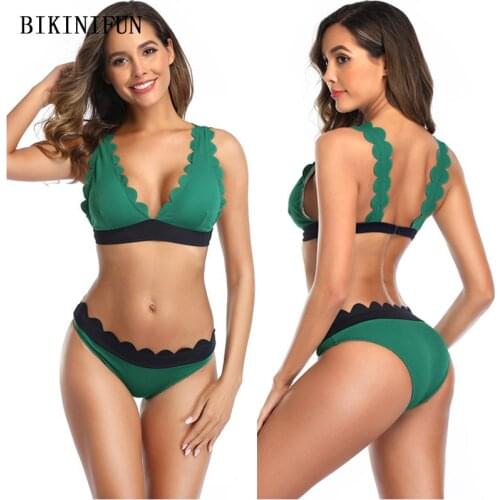 2020 New Solid Green Swimsuit Women Tirangle Bralette Swimwear Lace Bathing Suit S-XL Low Waist Beachwear Backless Bikini Set