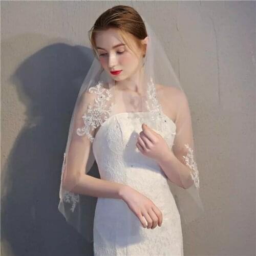 Bridal Veil Single Layer White Lace Gauze Veil Simple Flower Gauze Crystal Beaded Short Bridal Decoration