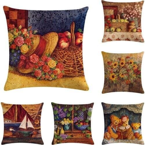 Realistic Oil Painting Style Retro Flower Cushion Cover Linen Cotton Pillow Case for Car Home Decoration Chair Gift Custom ZY172
