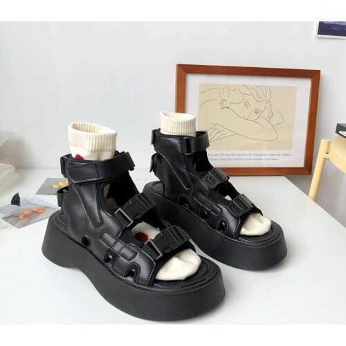 Casual Shoes Handmade Chunky Sandals Women PU Leather Platform Flats Ankle Buckle Straps Ladies Summer