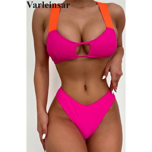 Sexy Splicing Mid Waist Cross Back Bikini Female Swimsuit Women Swimwear Two-pieces Bikini set Bather Bathing Suit Swim V3128