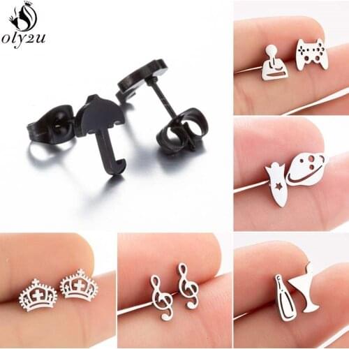 Mini Stainless Steel Earrings for Women Children Jewelry Fashion Music Spacecraft Umbrella Crown Stud Earring Pendientes Gift