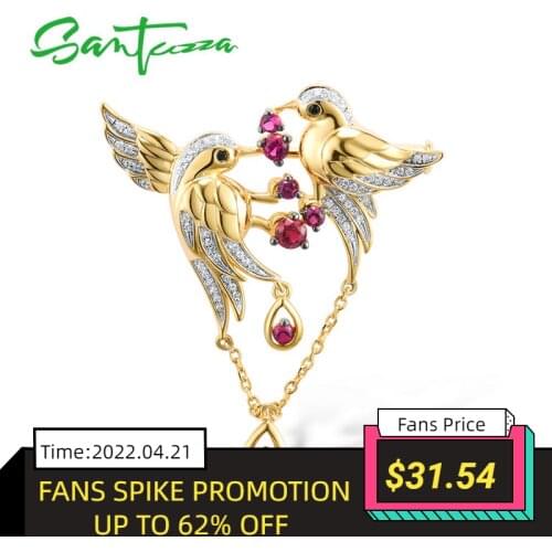 SANTUZZA Silver Brooch For Women 925 Sterling Silver Yellow Gold Color Birds Animal Created Ruby Fine Jewelry Handmade Enamel