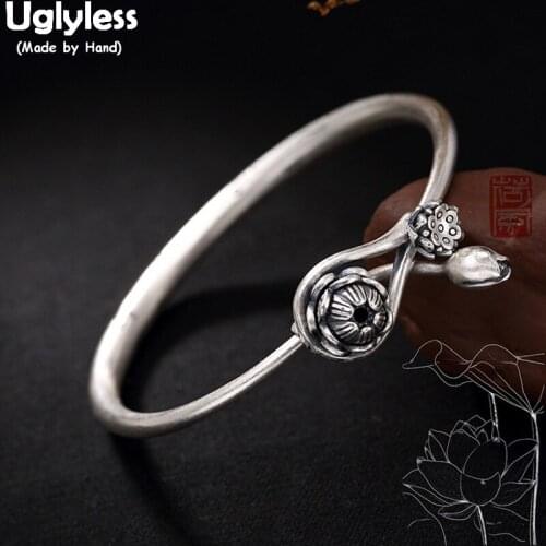 Uglyless Real Solid 990 Full Silver Lotus Bangles for Women Thai Silver Ethnic Flowers Bangle with Buckle Ethnic Fine Jewelry