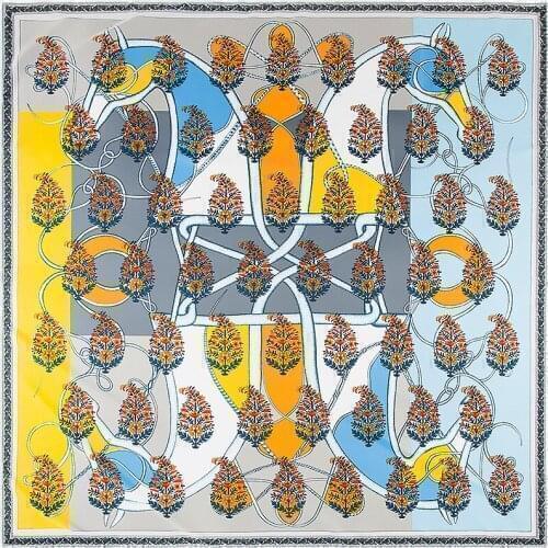 POBING Luxury Brand 100% Twill Silk Scarf Women Double Horse Foulard Neck Wraps Forest Print Bandana Square Scarves Hijabs 130CM