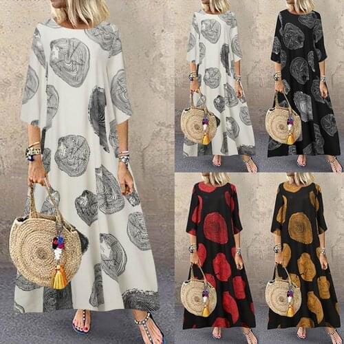 2021 New Summer Fashion Women 3/4 Sleeve Printing Casual Dress Women O Neck Large Hem Maxi Dress Streetwear Lady Loose Dresses