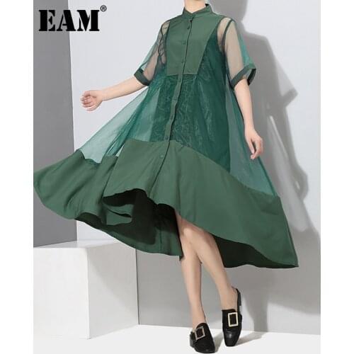 [EAM] Women Green Organza Irregular Shirt Dress New Stand Collar Half Sleeve Loose Fit Fashion Tide Spring Summer 2021 JT581