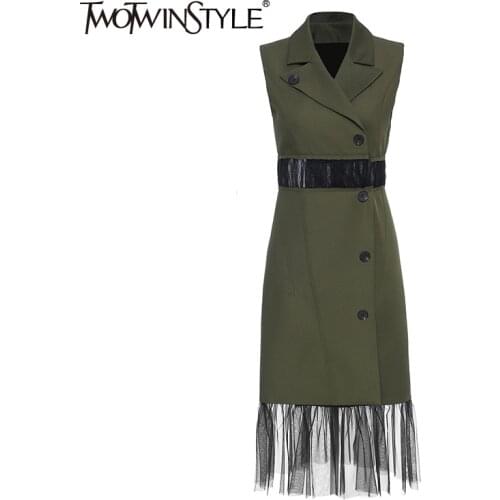 TWOTWINSTYLE Elegant Patchwork Mesh Women Coats Lapel Collae Sleeveless High Waist Hollow Out Windbreaker For Female Fashion New