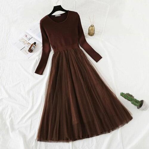 Autumn Winter Women Knit Sweater Dress 2021 New Korean Mesh Patchwork Elegant Knitted Dress Ladies Party A-line Dresses