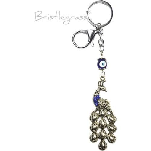 BRISTLEGRASS Turkish Blue Evil Eye Rhinestone Peacock Peafowl Keychain Key Chain Ring Holder Amulet Blessing Pendant Lucky Charm