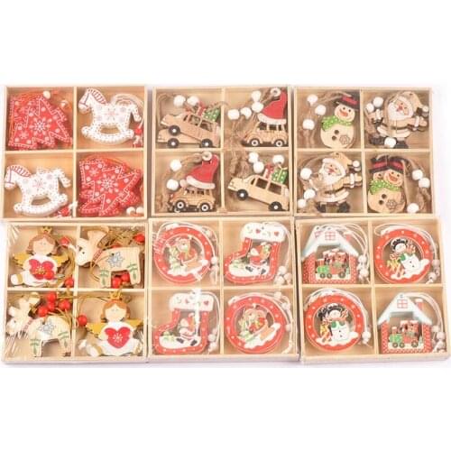 12Pcs Santa Claus Angel Star Wood Crafts Christmas Tree Hanging Ornaments Wooden Pendants DIY Xmas Gifts Party Home Decor C2729