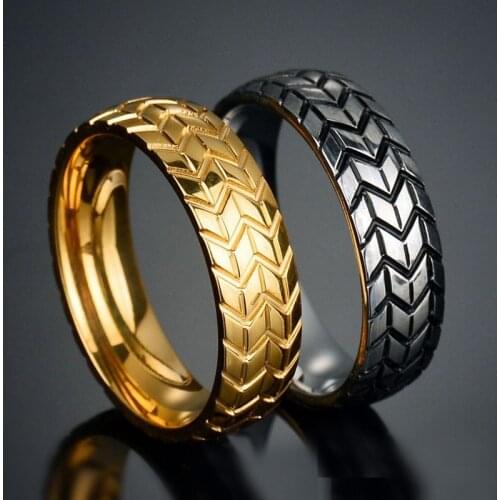 Gold Silver Color Stainless Steel Cool Motorcycle Tire Rings for Men Hip Hop Punk Biker Ring Geometric Striped Wedding Band Ring