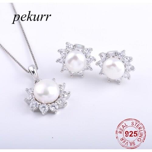 Pekurr 925 Sterling Silver Zircon Sunflower Lock Freshwater Natural Pearl Earrings Necklace Sets For Women Flower Pendants Set