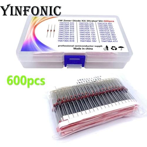 30 values 20pcs each 1W Crystal Bidirectional Glass Zener Diode box kit 1N4727 (3V0) - 4756A (47V) series