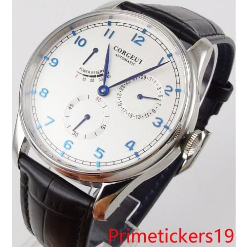 42mm corgeut white dial stainless steel case power reserve seagull 1780 automatic men wristwatch