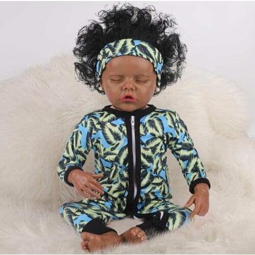 43cm Full Silicone Body Reborn Baby Soft Vinyl Cute Curly Black Skin Doll Girl Doll Smile Sleeping Doll For Kids Birthday Gifts
