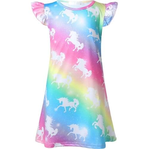 Summer Kids Girls Cotton Casual Dress Short Sleeve Rainbow Gradient Color Cartoon Horse Printed Dresses Sleep Princess Nightgown