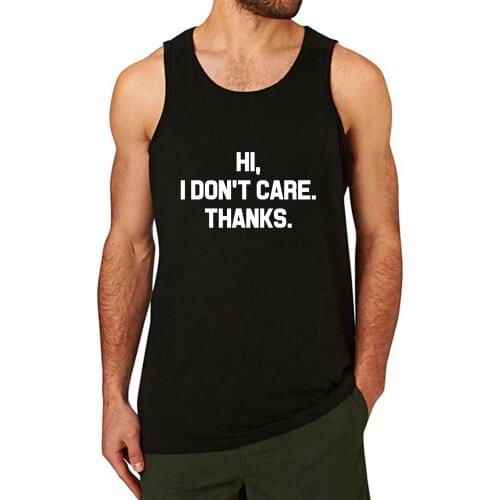 Lyprerazy Mens Hi, I Don't Care Thanks Letter Print Black Gym Workout Fitness Summer Funny Tank Tops
