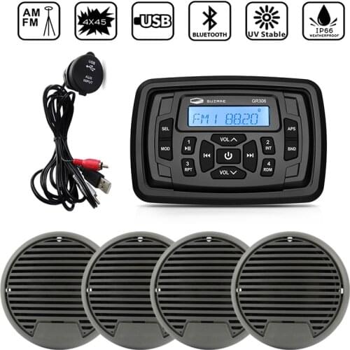 Marine Bluetooth Boat Radio Stereo Audio Media Receiver FM AM MP3 Car Player+2Pair 3Inch Waterproof Speaker+Boat USB Audio Cable