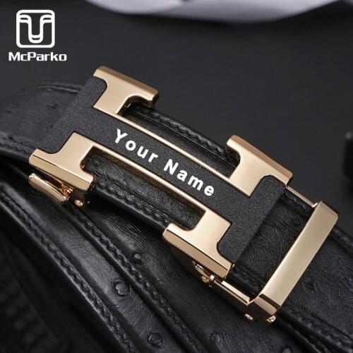 McParko Ostrich Leather Belt For Men DIY LOGO Name Design Customize Gift Luxury Brand Ostrich Genuine Leather Belts Men Gift New