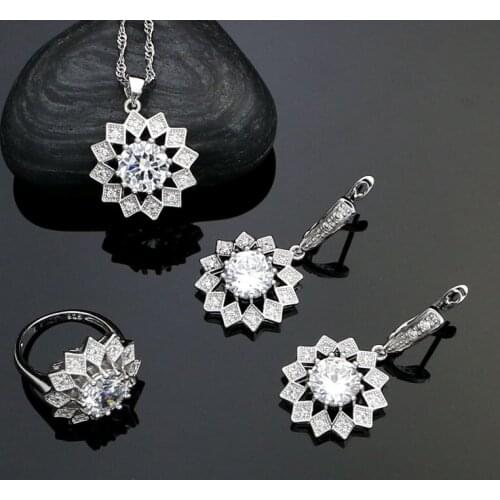925 Sterling Silver Jewelry Sets White Cubic Zirconia Crystal For Bride Wedding Decoration Earrings/Rings/Pendant/Necklace Set