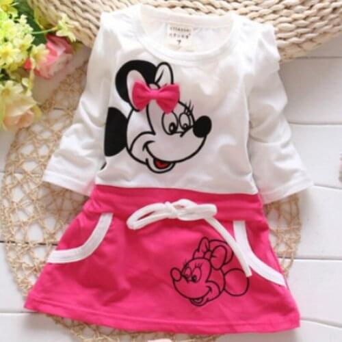 New Hot Sale Fashion Cute Minnie Stitching Dress Cotton Long Sleeve Baby Girl Cartoon Print Mini Knee Minnie Stitching Dress
