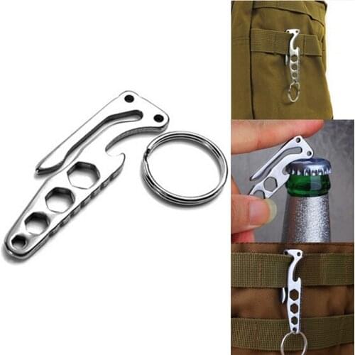 Beer Bottle Opener Keychain Gadget Multi-function Outdoor Pocket Tool Pry Bar Hex Key Wrench Stainless Steel Bar Tool Gift