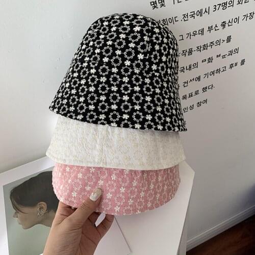 Spring Summer Flower Print Bucket Hats Women Sweet Casual Campaniform Sun Protectors Caps Black White Pink Fishing Hat Vintage