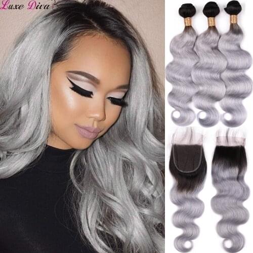 Luxediva Pre-Colored Ombre TB/Grey Hair Bundles With Closure Body wave Remy Brazilian Human Hair Bundles With Closure For Women
