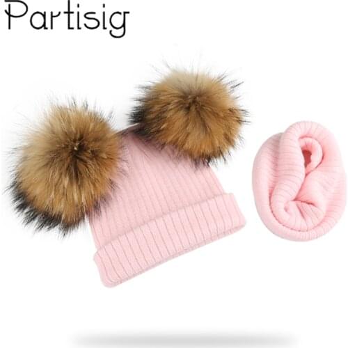 Winter Kids Natural Raccoon Fur Double Pompon Hat And Scarf For Girls Baby Cap With Genuine Pompom Childrens Accessories Bonnet