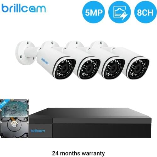 Brillcam Smart 5MP Security Camera System PoE 24/7 Recording 2TB HDD Featured with Motion Detection Night Vision 5MP KIt