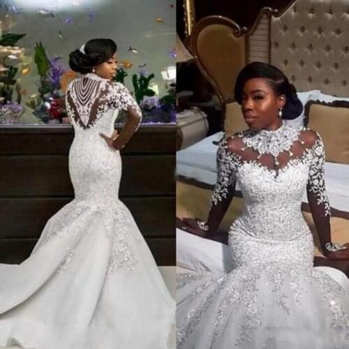 Wedding Dress Nigerian Dresses High Neck Illusion Long Sleeves Crystals Beads Sequins Lace Appliques Mermaid Bridal Gowns